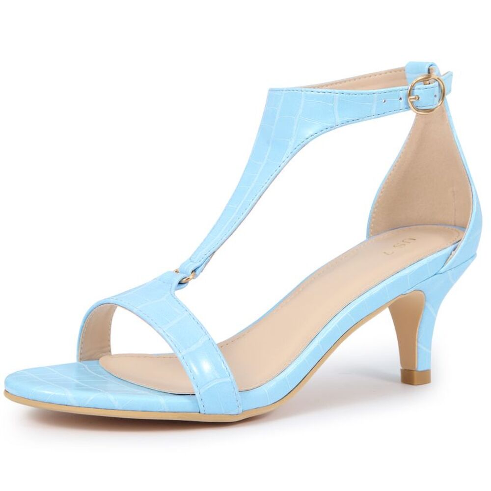 T Strap Embossed Kitten Heel Sandals Sky Blue